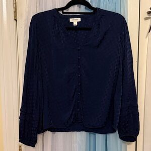 ON 34th beautiful navy blue blouse with polka dots within fabric.